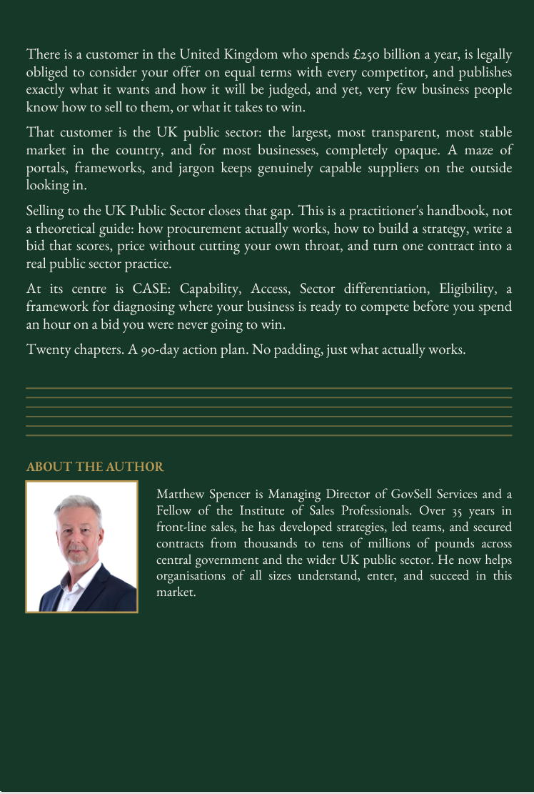 Back cover of Selling to the UK Public Sector, with the book blurb and author biography