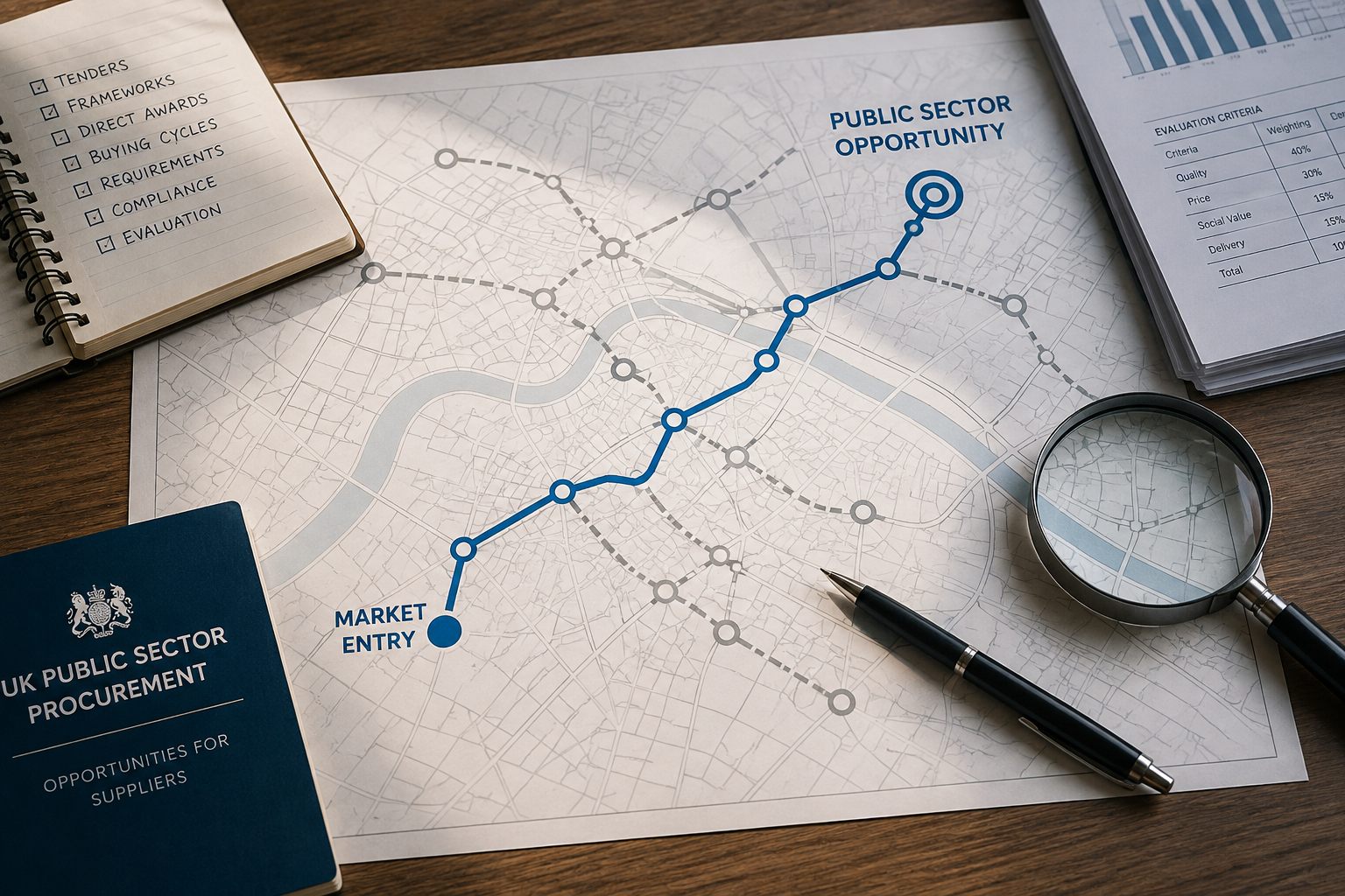 A route plotted on a London map from market entry to a public sector opportunity, alongside procurement notes and evaluation criteria
