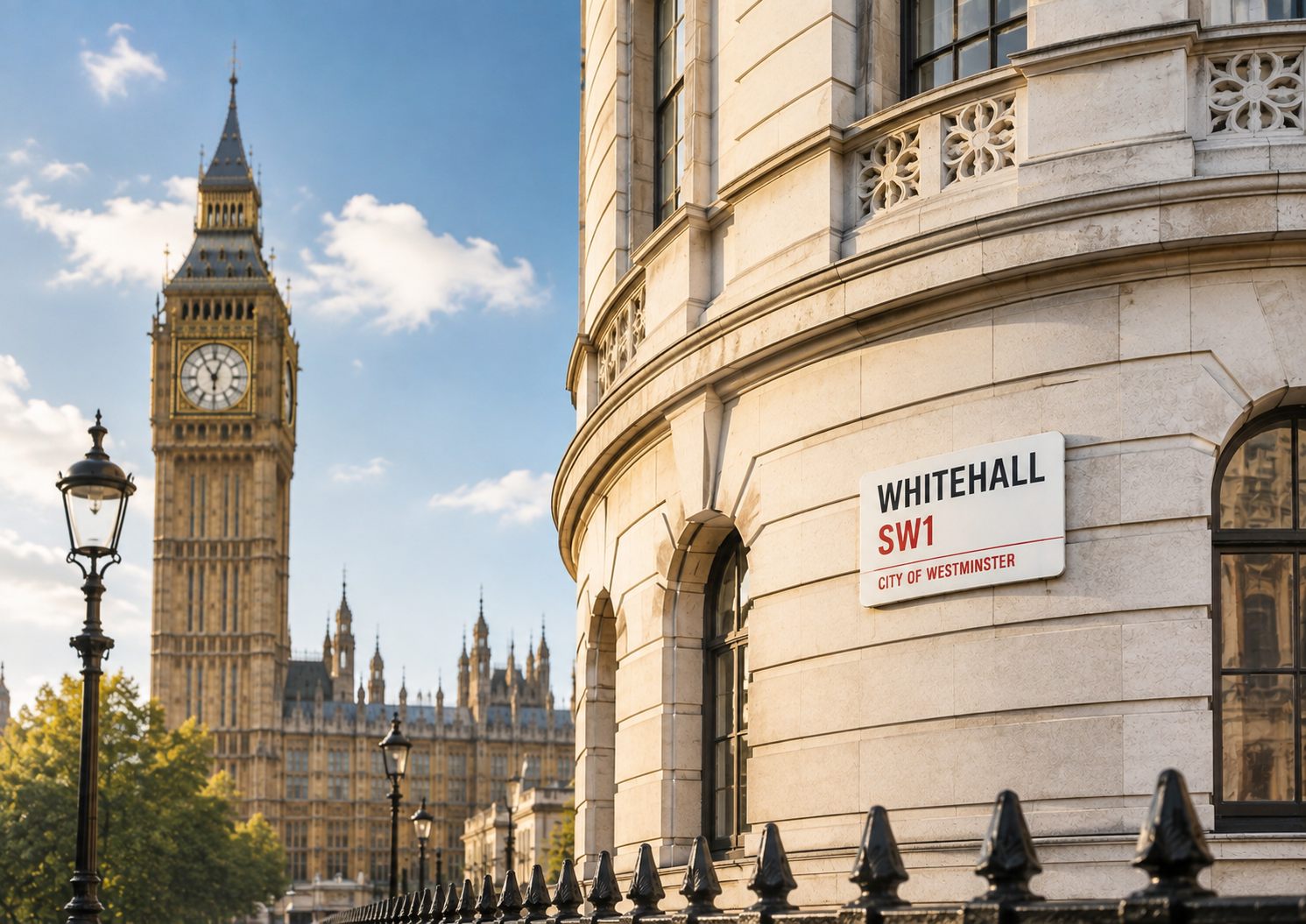 The Whitehall street sign in Westminster, with Big Ben and the Houses of Parliament behind